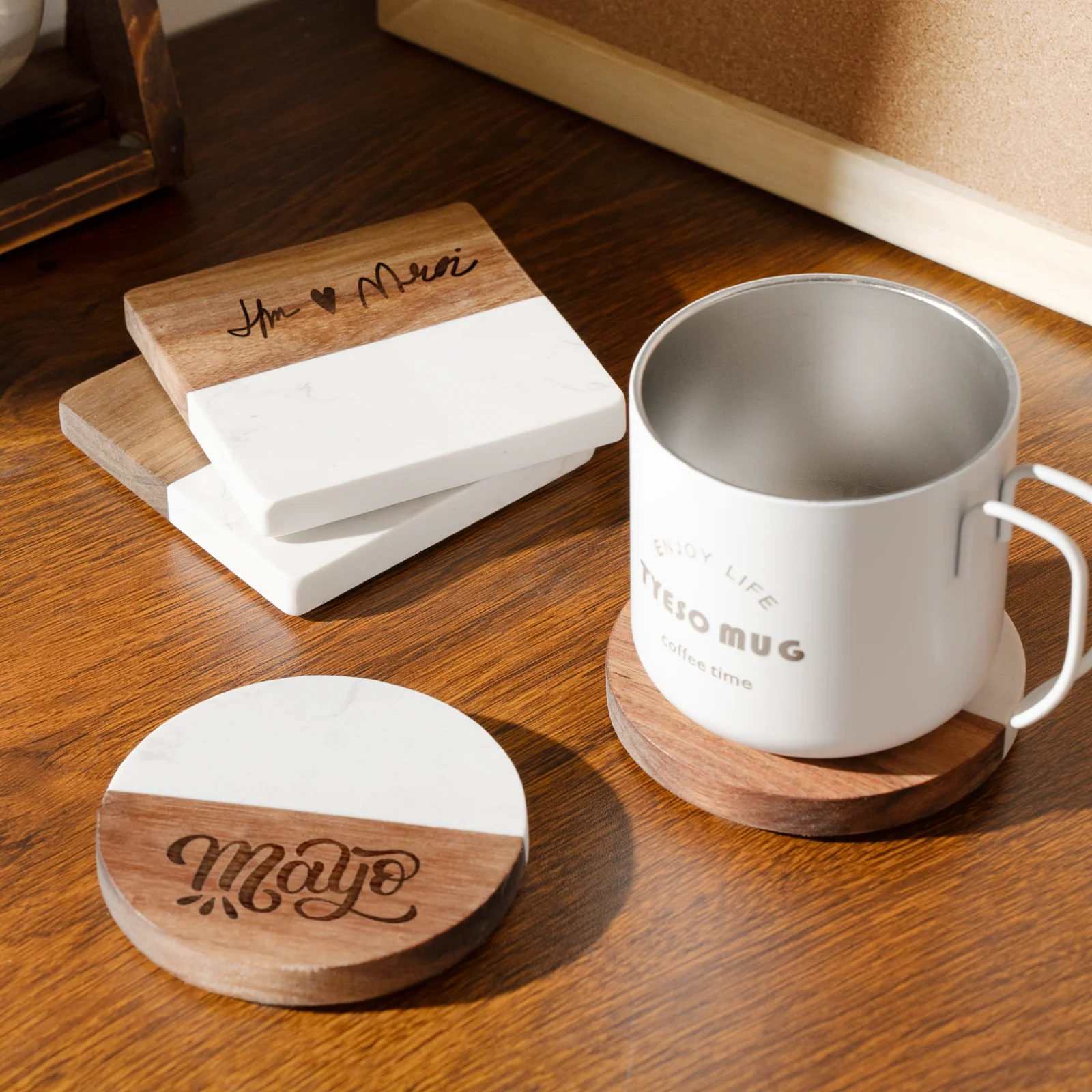 Square White Marble and Wood Coasters (4pcs) - Image 3