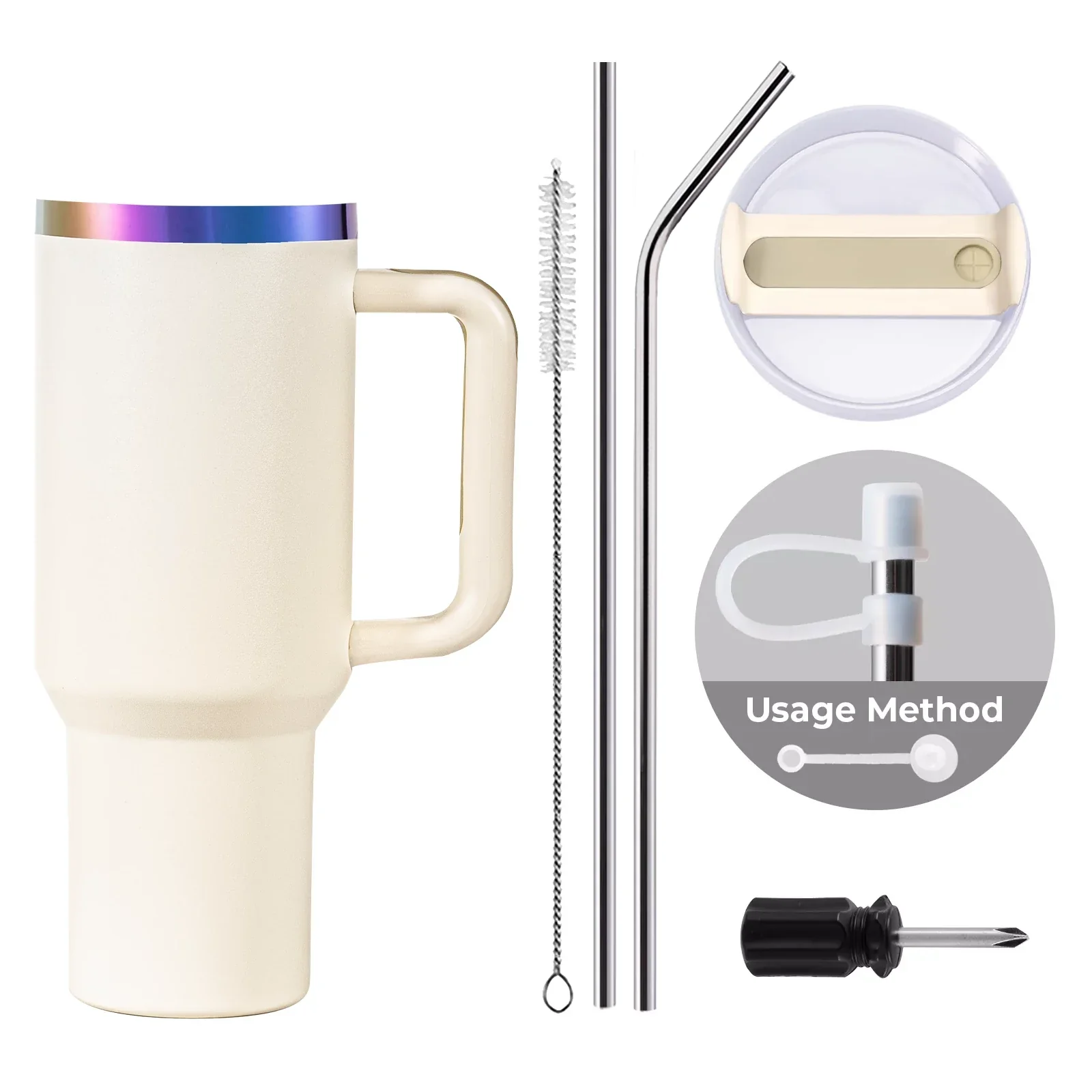 Cream White To Iridescent Stainless Steel Tumbler with Removable Handle (40oz) - Image 3
